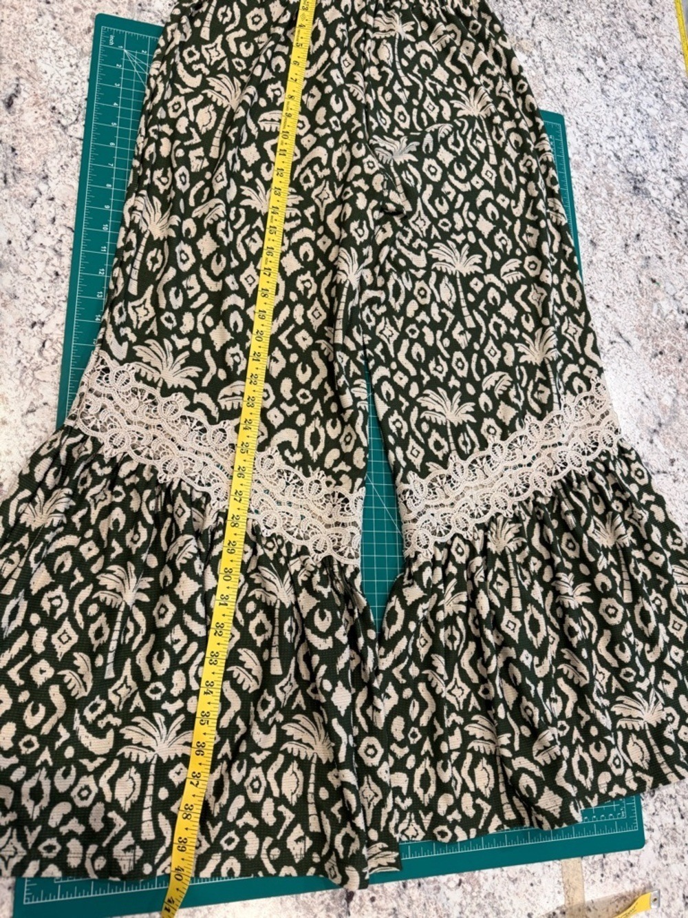 Boho Palm Print Lace Trim Wide Leg Pants S/M Flowy Festival - Picture 5 of 11
